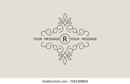 Luxury logo design for fashion, jewelry, hotel, resort, restaurant, corporate identity. Sophisticated ornament with letter R and place for text