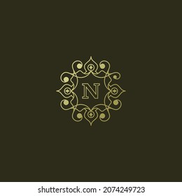 Luxury Logo design flourishes calligraphic elegant ornament lines with letter N. identity for Restaurant, Royalty, Boutique, Cafe, Hotel, Heraldic, Jewelry, Fashion and other vector illustration