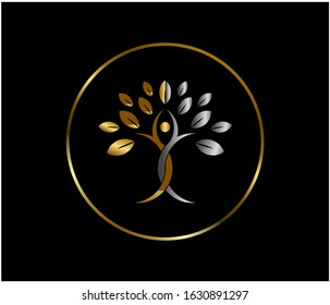 Luxury logo design, gold and silver metallic tree concept logo with  the golden circle.