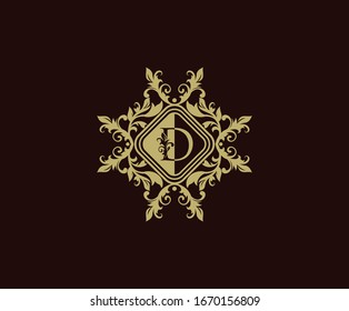 Luxury logo design with initial D. Elegant flourishes D Letter. Border carved frame logo template. Vintage vector element.