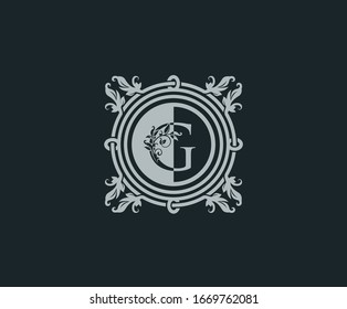 Diseño de logotipo de lujo con G inicial. Elegante florida letra G. Plantilla de logotipo de marco tallado de borde. Elemento vectorial vintage.