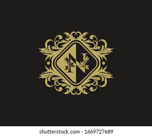 Luxury logo design with initial N. Elegant flourishes N Letter. Border carved frame logo template. Vintage vector element.