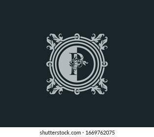 Luxury logo design with initial P. Elegant flourishes P Letter. Border carved frame logo template. Vintage vector element.