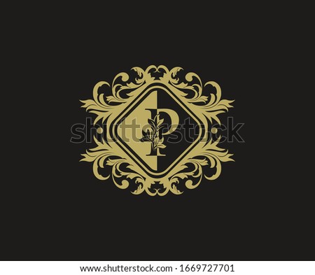 Luxury logo design with initial P. Elegant flourishes P Letter. Border carved frame logo template. Vintage vector element.