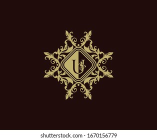 Luxury logo design with initial U. Elegant flourishes U Letter. Border carved frame logo template. Vintage vector element.