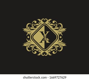 Luxury logo design with initial X. Elegant flourishes X Letter. Border carved frame logo template. Vintage vector element.