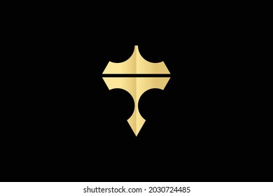 luxury logo design leter T spear with crown in gold color.