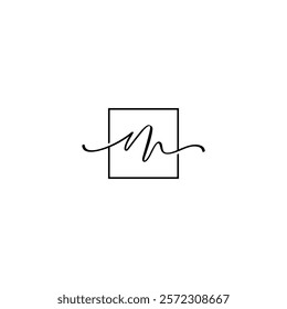 Luxury logo design of M letter with square line. Initials symbol. Sign for nickname. Elegant hand written letter. Smart M icon line. Signature design. Letter box. Art Illustration design for alphabet.