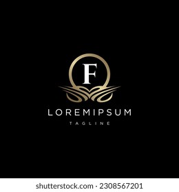 Luxury Logo Design with monogram letter F ,golden color, luxury flourish decorative style, vector illustration.