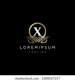 Luxuriöses Logo Design mit dem Monogramm-Buchstaben X, goldene Farbe, luxuriöser floraler Dekorationsstil, Vektorgrafik.