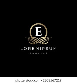 Luxury Logo Design with monogram letter E ,golden color, luxury flourish decorative style, vector illustration.