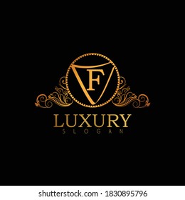 Luxury Logo Design Template For Letter F. Logo Design For Restaurant, Royalty, Boutique, Cafe, Hotel, Heraldic, Jewelry, Fashion. Golden Calligraphy Badge For Letter F.