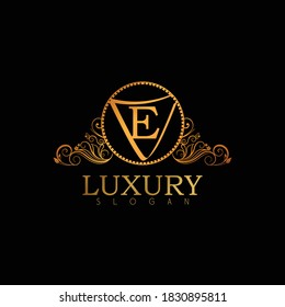 Luxury Logo Design Template For Letter E. Logo Design For Restaurant, Royalty, Boutique, Cafe, Hotel, Heraldic, Jewelry, Fashion. Golden Calligraphy Badge For Letter E.