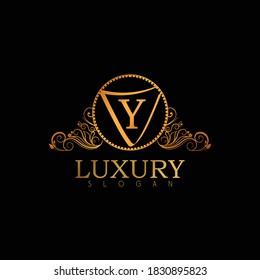 Luxury Logo Design Template For Letter Y. Logo Design For Restaurant, Royalty, Boutique, Cafe, Hotel, Heraldic, Jewelry, Fashion. Golden Calligraphy Badge For Letter Y.