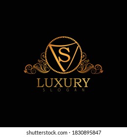 Luxury Logo Design Template For Letter S. Logo Design For Restaurant, Royalty, Boutique, Cafe, Hotel, Heraldic, Jewelry, Fashion. Golden Calligraphy Badge For Letter S.