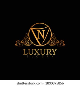 Luxury Logo Design Template For Letter N. Logo Design For Restaurant, Royalty, Boutique, Cafe, Hotel, Heraldic, Jewelry, Fashion. Golden Calligraphy Badge For Letter N.
