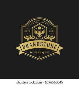 Luxury logo design template vector illustration. Victorian vignettes ornament shapes for logotype or badge design. Good for fashion boutique, alcohol or restaurant branding.