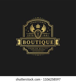 Luxury logo design template vector illustration. Victorian vignettes ornament shapes for logotype or badge design. Good for fashion boutique, alcohol or restaurant branding.