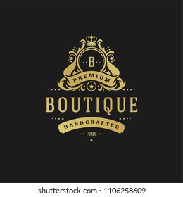 Luxury logo design template vector illustration. Victorian vignettes ornament shapes for logotype or badge design. Good for fashion boutique, alcohol or restaurant branding.