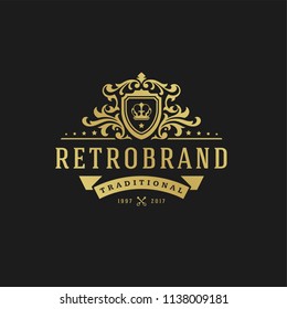 Luxury logo design template vector illustration. Victorian vignettes ornament shapes for logotype or badge design. Good for fashion boutique, alcohol or restaurant branding.