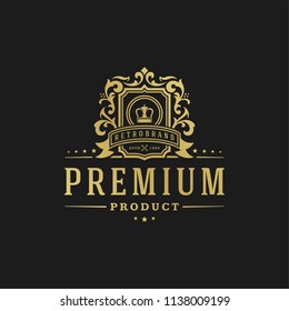 Luxury logo design template vector illustration. Victorian vignettes ornament shapes for logotype or badge design. Good for fashion boutique, alcohol or restaurant branding.