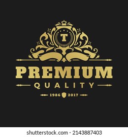 Luxury logo design template vector illustration. Victorian vignettes ornament shapes for logotype or badge design. Good for fashion boutique, alcohol or restaurant branding.