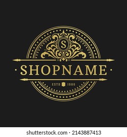 Luxury logo design template vector illustration. Victorian vignettes ornament shapes for logotype or badge design. Good for fashion boutique, alcohol or restaurant branding.