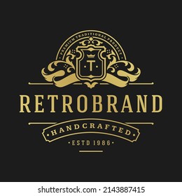 Luxury logo design template vector illustration. Victorian vignettes ornament shapes for logotype or badge design. Good for fashion boutique, alcohol or restaurant branding.