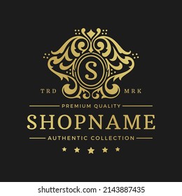 Luxury logo design template vector illustration. Victorian vignettes ornament shapes for logotype or badge design. Good for fashion boutique, alcohol or restaurant branding.