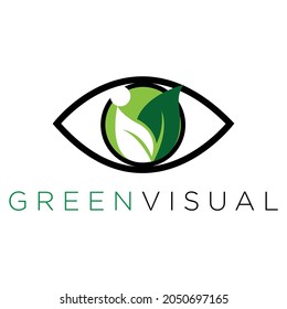 Luxury logo of eye with green leaves inside for your technology business.