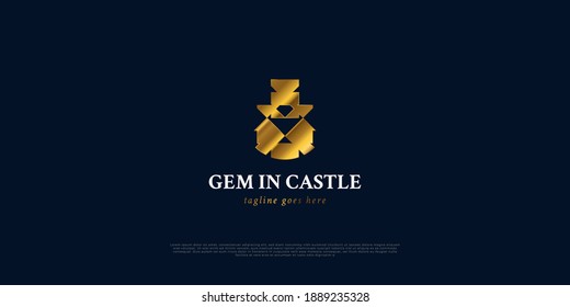 Luxury logo with gem inside castle concept in golden gradient color