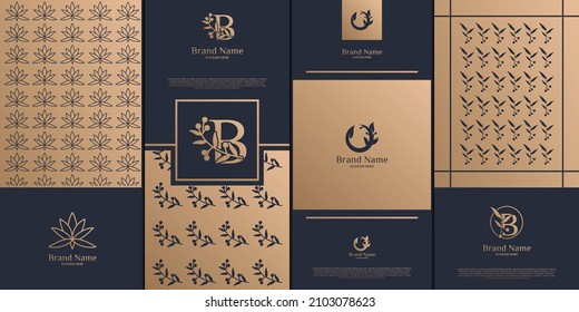 Luxury logo and gold packaging design. nature, luxury lotus, wellness, flower, pattern.