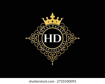 Luxury logo, HD initials, royal palace emblem, ornate crest, golden crown, elegant design, vintage badge, black background, exclusive insignia