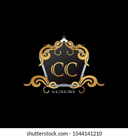 Luxury Logo Letter C,CC. Elegant logo design concept letter  CC on hexagon geomtric frame with floral element for boutique, hotel, fashion and more brands.