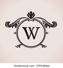 Luxury logo letter clock. Calligraphic pattern elegant decor elements. Vintage vector ornament W