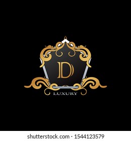 Luxury Logo Letter D. Elegant logo design concept letter D on hexagon geomtric frame with floral element for boutique, hotel, fashion and more brands.