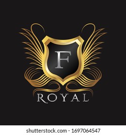 Luxury Logo Letter F. Golden shiled vector design concept flourish ornate swirl for hotel, boutique, resort, victorian style and more business identity.