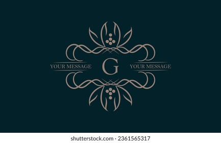 Luxury logo with letter G and beautiful stylish floral ornament. Elegant frame design in vector illustration. Monogram, emblem.