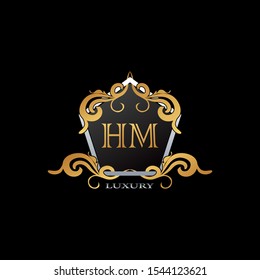 Luxury Logo Letter H,M HM. Elegant logo design concept letter H,M HM. on hexagon geomtric frame with floral element for boutique, hotel, fashion and more brands.