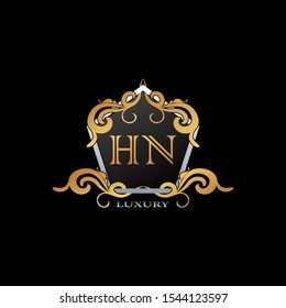 Luxury Logo Letter H,N, HN. Elegant logo design concept letter H,N,HN  on hexagon geomtric frame with floral element for boutique, hotel, fashion and more brands.
