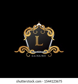 Luxury Logo Letter L. Elegant logo design concept letter L on hexagon geomtric frame with floral element for boutique, hotel, fashion and more brands.