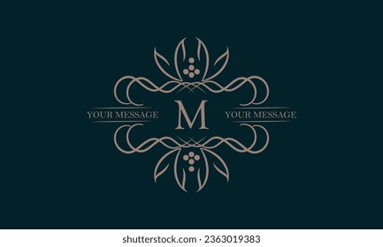 Luxury logo with letter M and beautiful stylish floral ornament. Elegant frame design in vector illustration. Monogram, emblem.