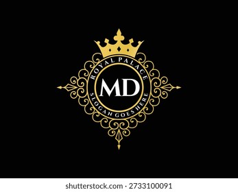 Luxury logo, MD initials, royal palace emblem, ornate crest, golden crown, elegant design, vintage badge, black background, exclusive insignia
