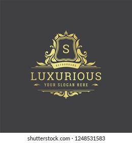 Luxury logo monogram crest template design vector illustration. Royal brand vintage vignette ornaments.