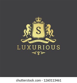 Luxury logo monogram crest template design vector illustration. Royal brand vintage vignette ornaments.