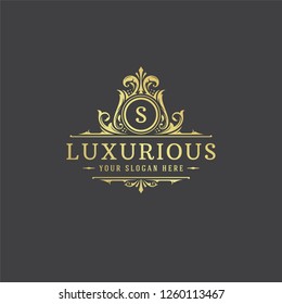 Logotipo de lujo monograma cresta Plantilla diseño Ilustración vectorial. Adornos de viñeta vintage de la marca real.