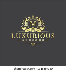 Luxury logo monogram crest template design vector illustration. Royal brand vintage vignette ornaments.
