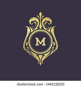 Luxury logo monogram crest template design vector illustration. Royal brand vintage vignette floral ornaments.