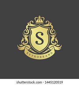 Luxury logo monogram crest template design vector illustration. Royal brand vintage vignette floral ornaments.