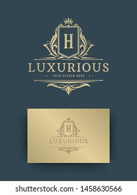 Luxury logo monogram crest template design vector illustration. Royal crest vintage ornate vignettes ornaments.